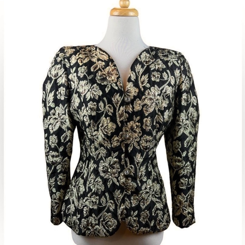 Vintage Jacket Womens Small Black Gold Jacquard Blazer Rhinestone Elegant Formal